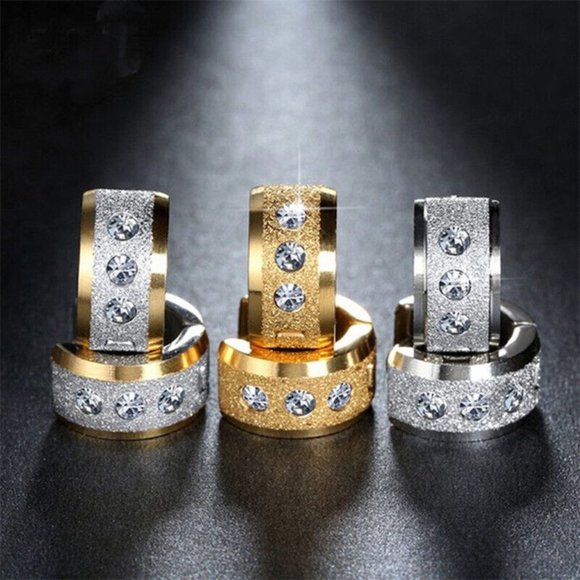 Mens Silver Gold Stainless Steel Diamond Zircon Sandblast Hoop Earrings 14mm - Picture 5 of 5